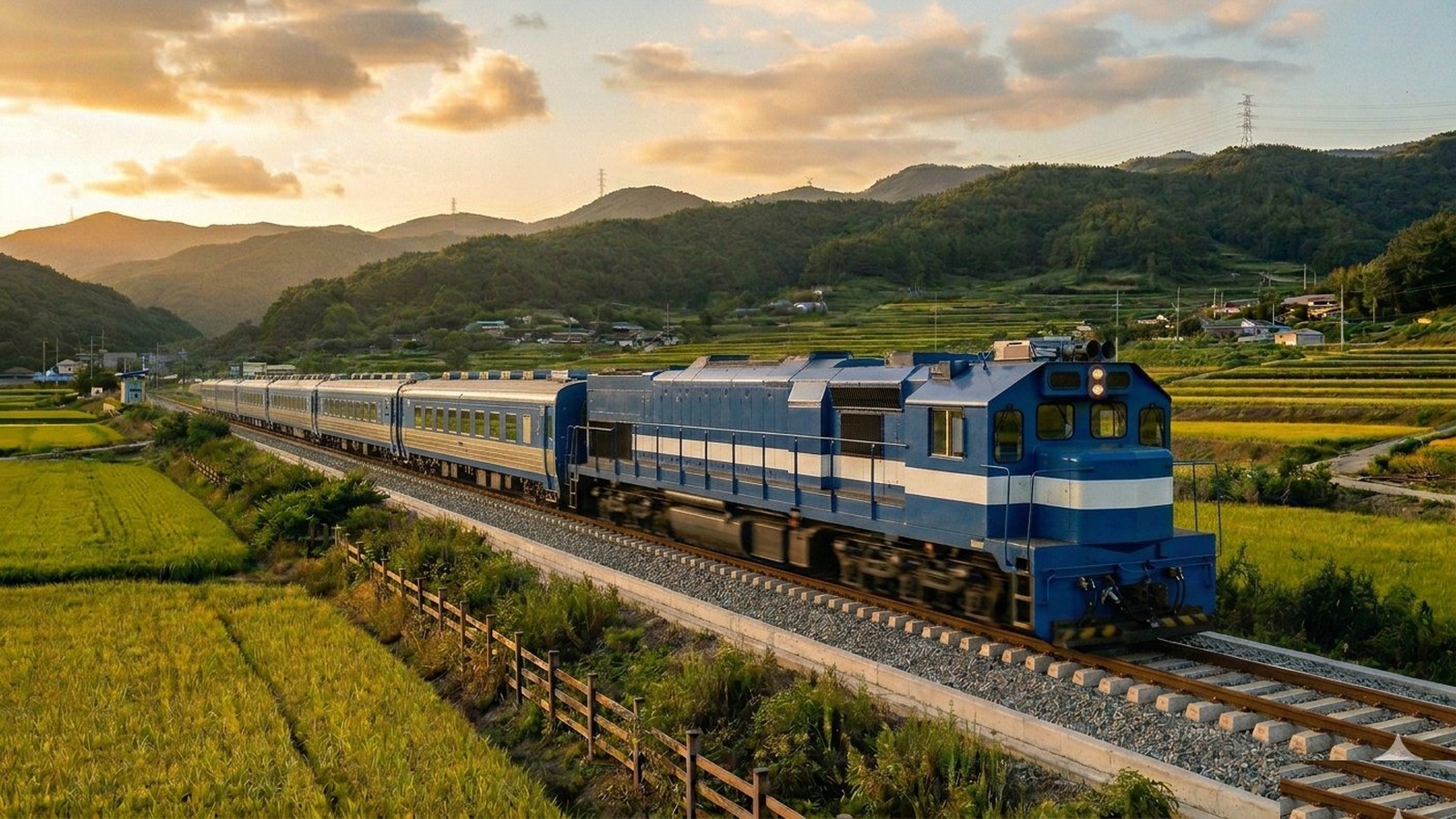 Mugunghwa intercity train travelling through the South Korean countryside at dusk