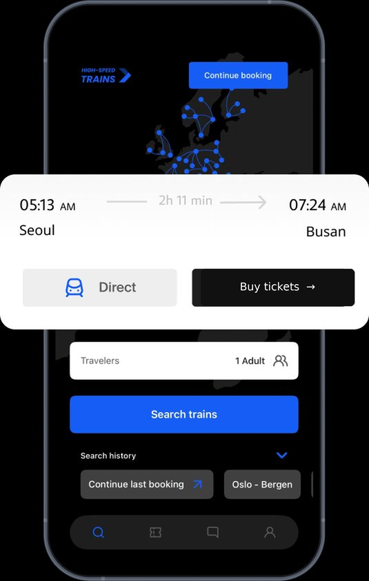 High-Speed Trains app showing Seoul to Busan train search