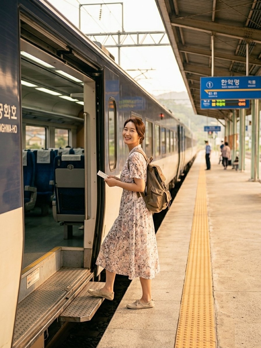 Korail Mugunghwa intercity train in navy blue livery at a South Korean station platform