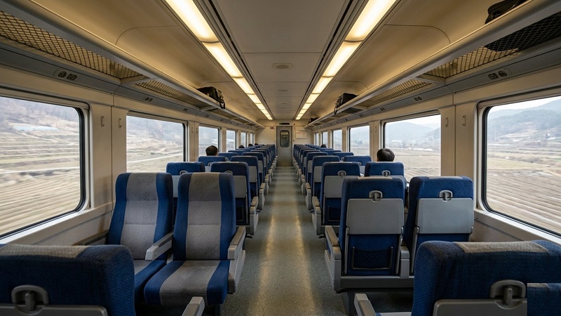 Mugunghwa General Class interior with navy blue reclining seats and large windows