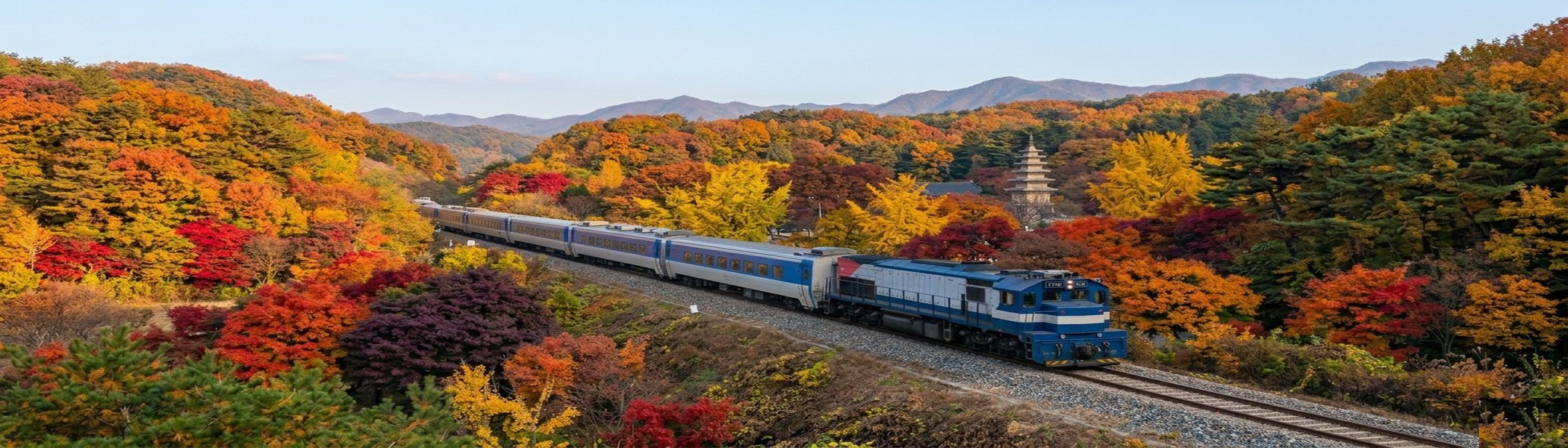 Mugunghwa train crossing an autumn river bridge in the South Korean countryside